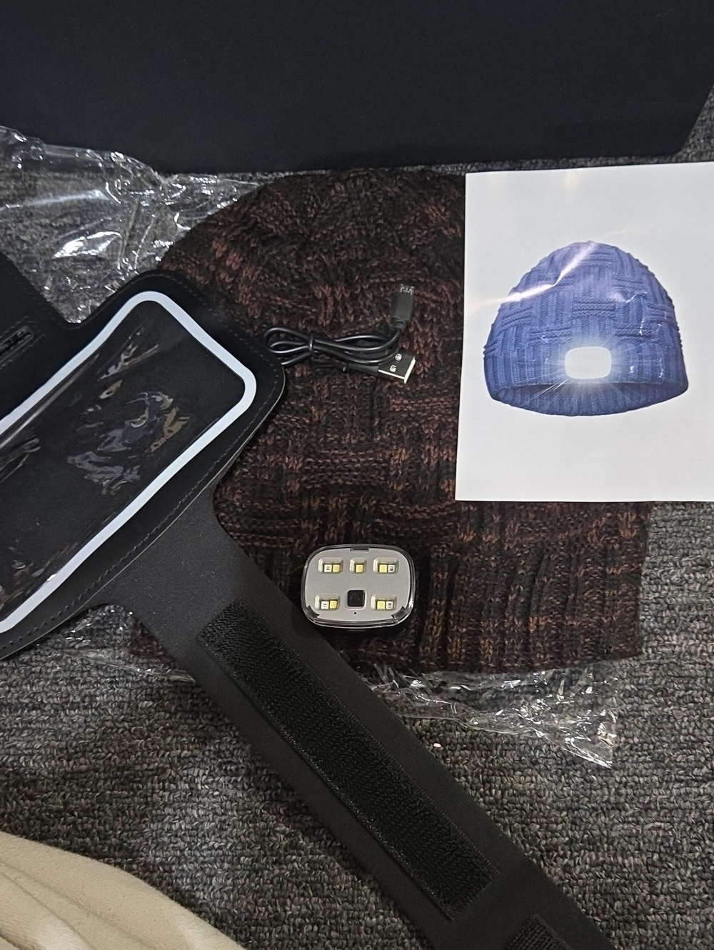 LED Beanie  Hat with Detachable Light - Brown/Black. With Cell Phone Holder